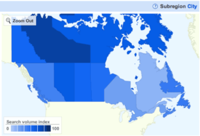 canada-heat-map-west-jet A heat map showing July 2012 Google Phrase Match searches for 'west jet'