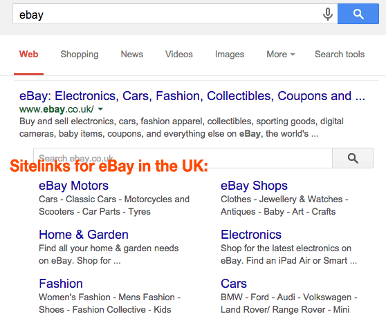 An example of sitelinks, for eBay on Google UK.