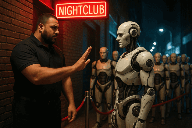 A nightclub bouncer turns away a robot