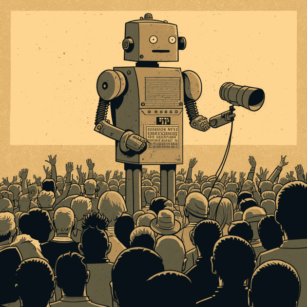 A robot addressing a large crowd of people