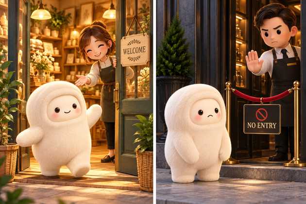 Two shop doorways. On the left, a smiling shopkeeper beside a Welcome sign waves a friendly white AI agent inside. On the right, a stern doorman behind a velvet rope and a No Entry sign holds up his hand to stop the same agent, which looks sad.